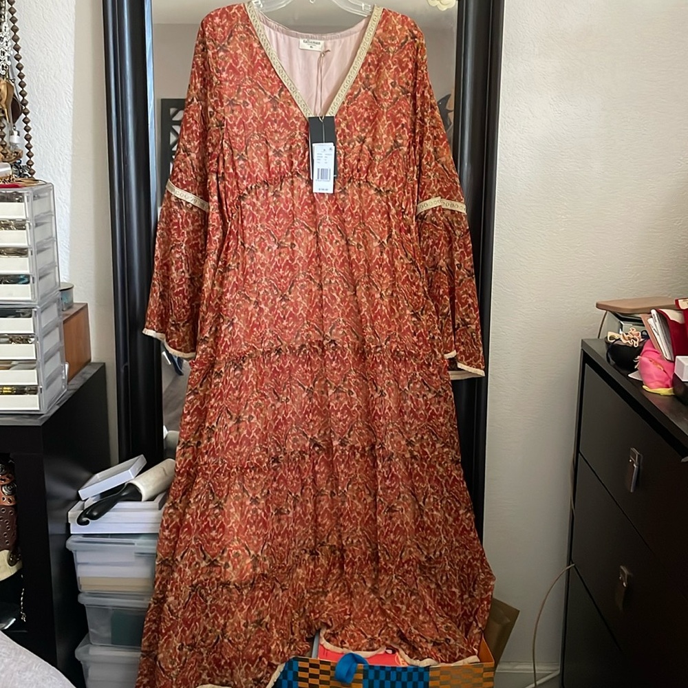NWT Talisman Zelda Printed V-Neck Long Bell Sleeve Tiered A-Line Dress Size XL